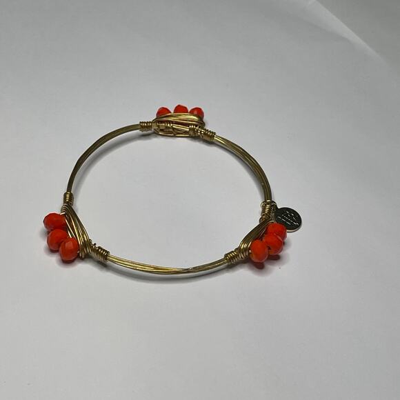 BOURBON & BOWETIES gold tone bracelet bangle orange – red beads wire wrapped - Picture 3 of 7